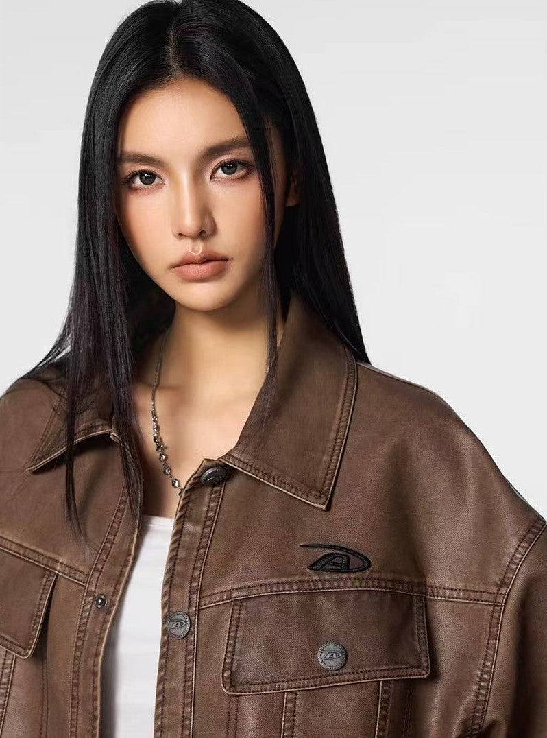 ACHOCK Vintage Washed Lapel Leather Jacket