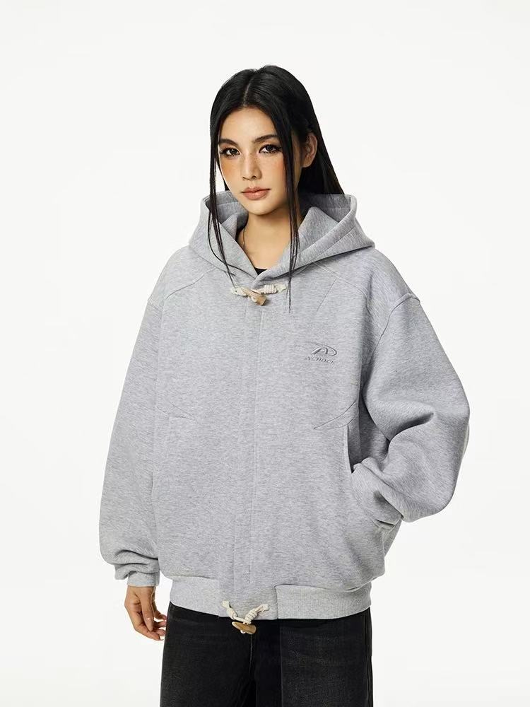 ACHOCK Horn Button Air Layer Cardigan Hooded Sweatshirt