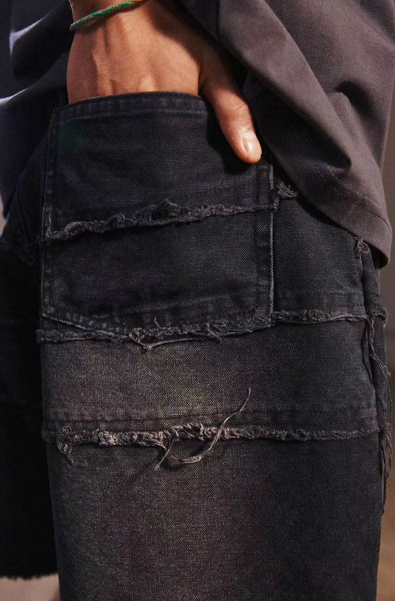 REMEDY Destroyed Fringe Paneled Denim Shorts