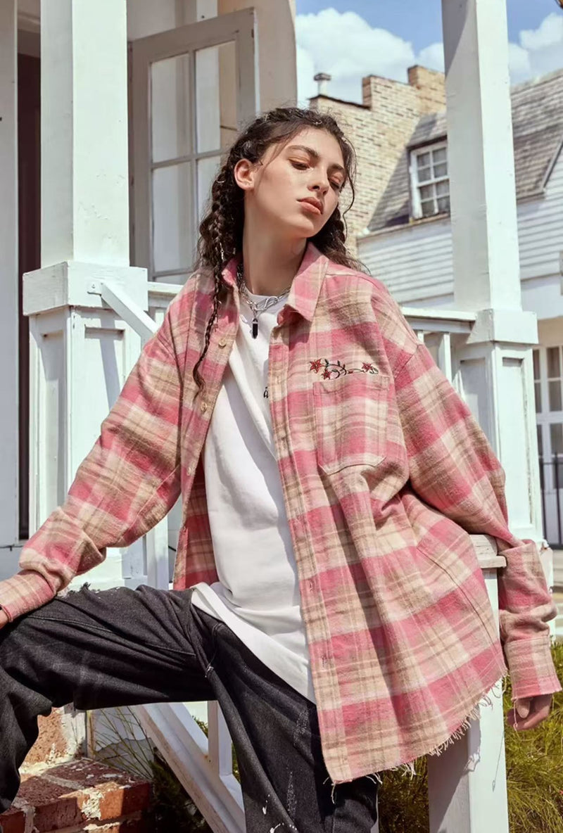 ACHOCK Embroidery Fringe Plaid Long Sleeve Shirt