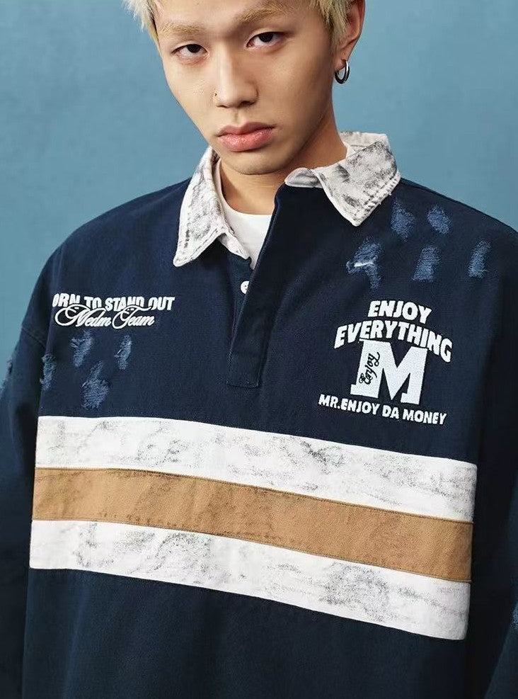 MEDM Contrast Color Striped Polo Long-sleeve T-shirt