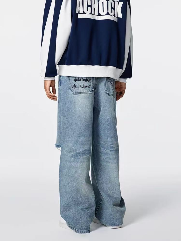 ACHOCK Butterfly Stitching Retro Ripped Jeans