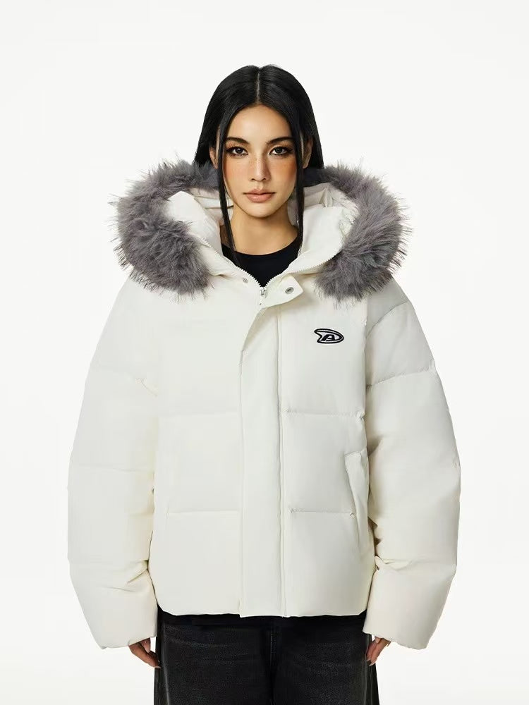 ACHOCK Logo Print Fur Collar Hooded Down Jacket