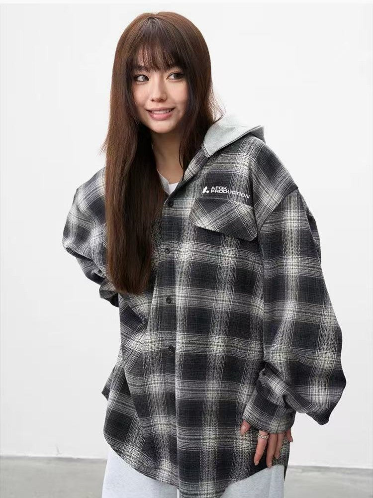 AFGK Vintage Plaid Hooded Long-sleeved Shirt