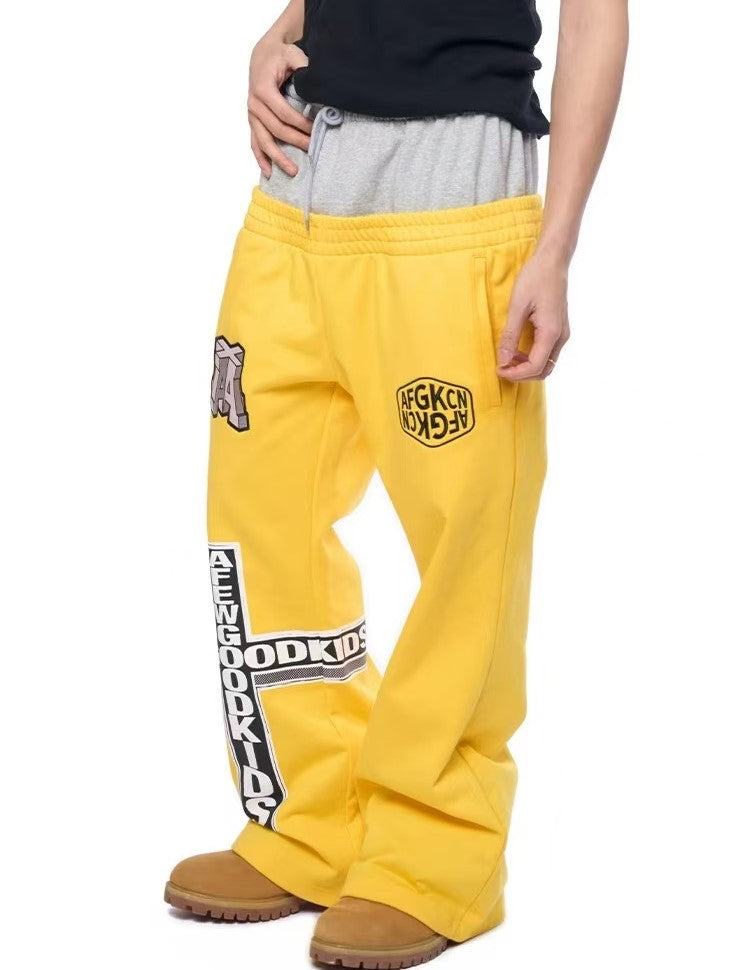 AFGK Fake Two Piece Double Waist Drawstring Bootcut Sweatpants