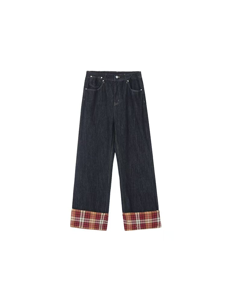 ACHOCK Plaid Patchwork Design Denim Jeans