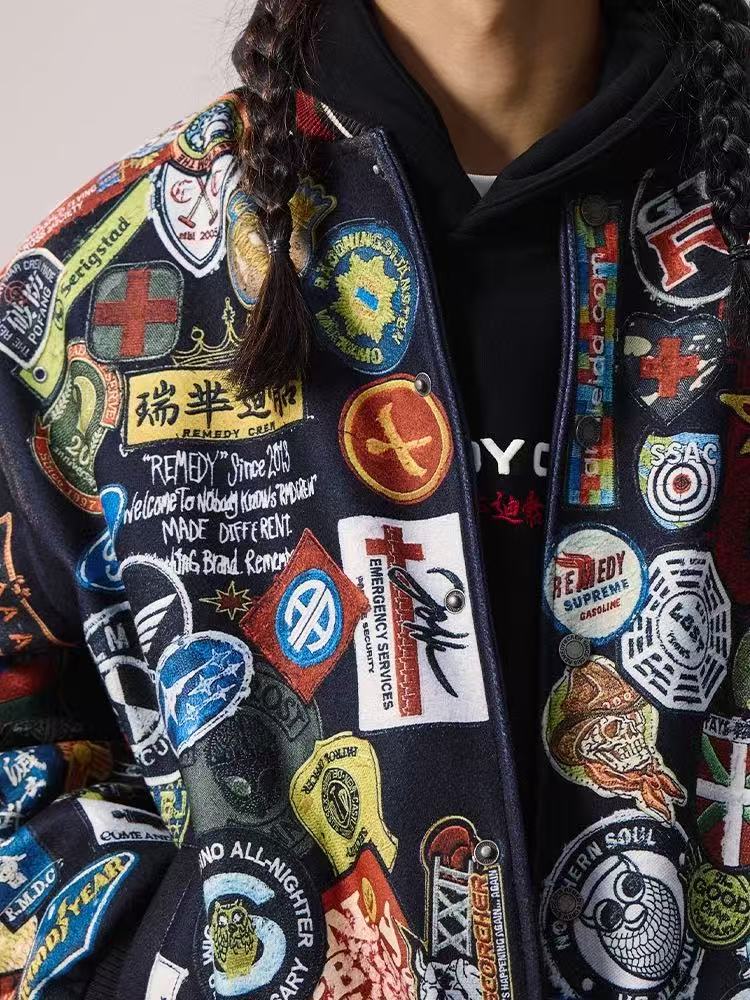 REMEDY Over Printed Badge Varsity Jacket