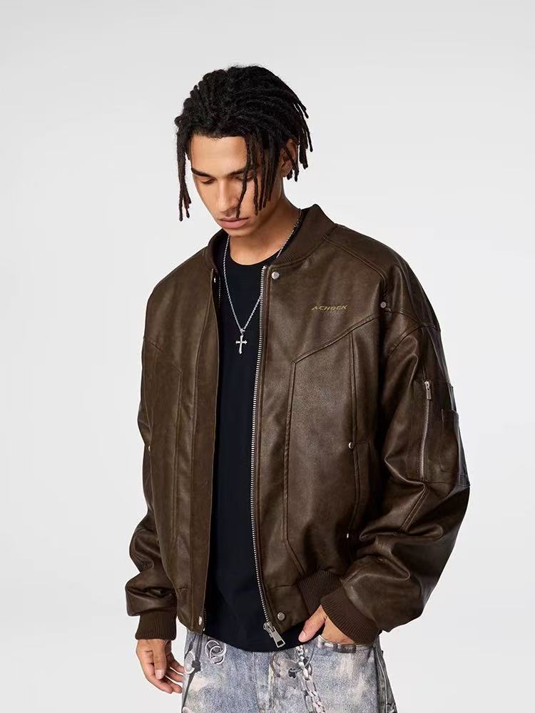 ACHOCK Retro Nostalgic Motorcycle Quilted Leather Jacket