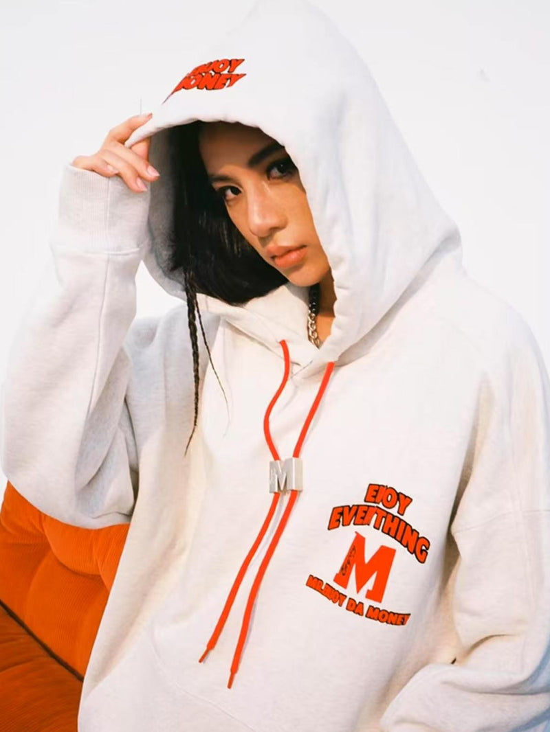 MEDM M Button Drawstring with Letter Print Hoodie