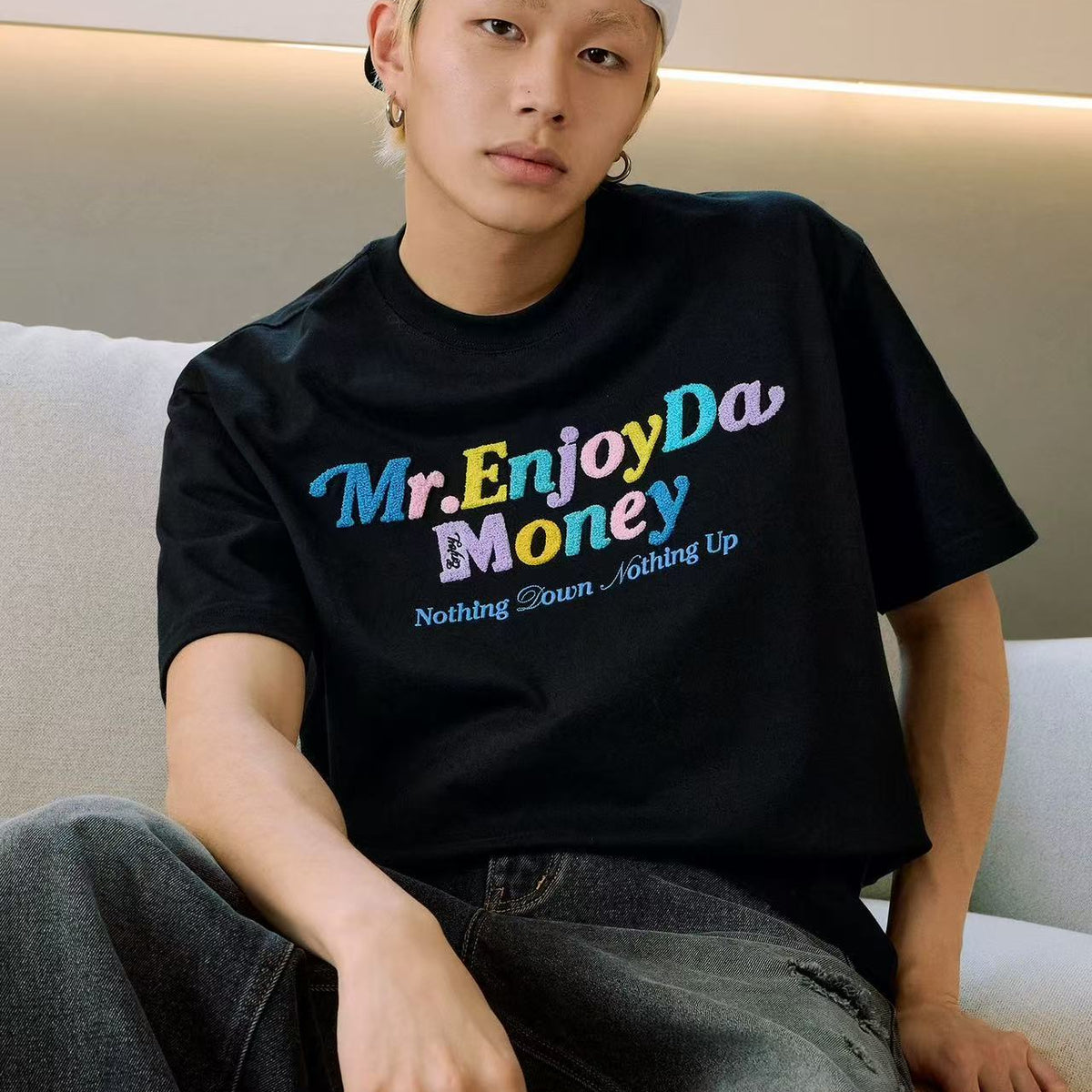 MEDM Macaron Color Letters Towel Embroidered Short Sleeve T-Shirt
