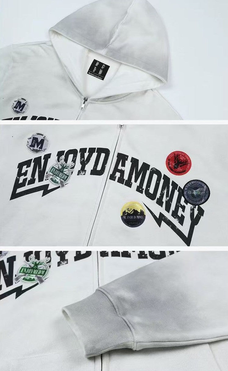 MEDM Hunting Theme Distressed Washed Zipper Hoodie