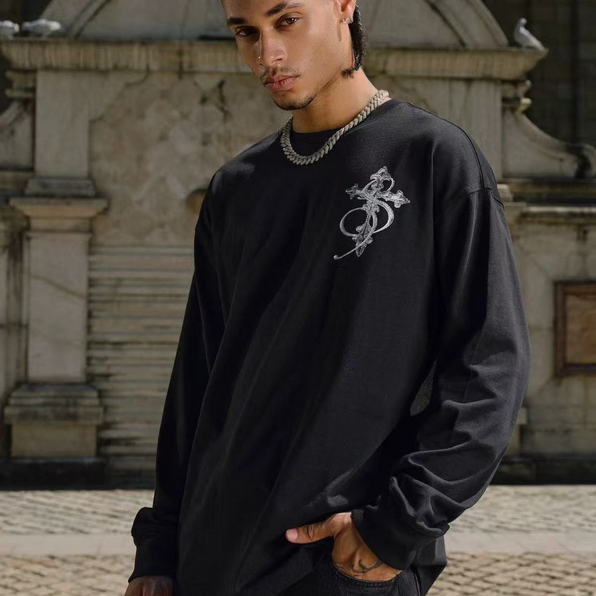 STK Vintage Black and White Cross Long-Sleeve T-Shirt