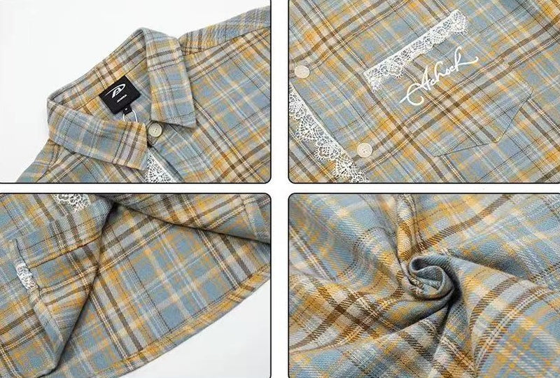 ACHOCK Retro Plaid Lace Splicing Long-sleeve Shirt