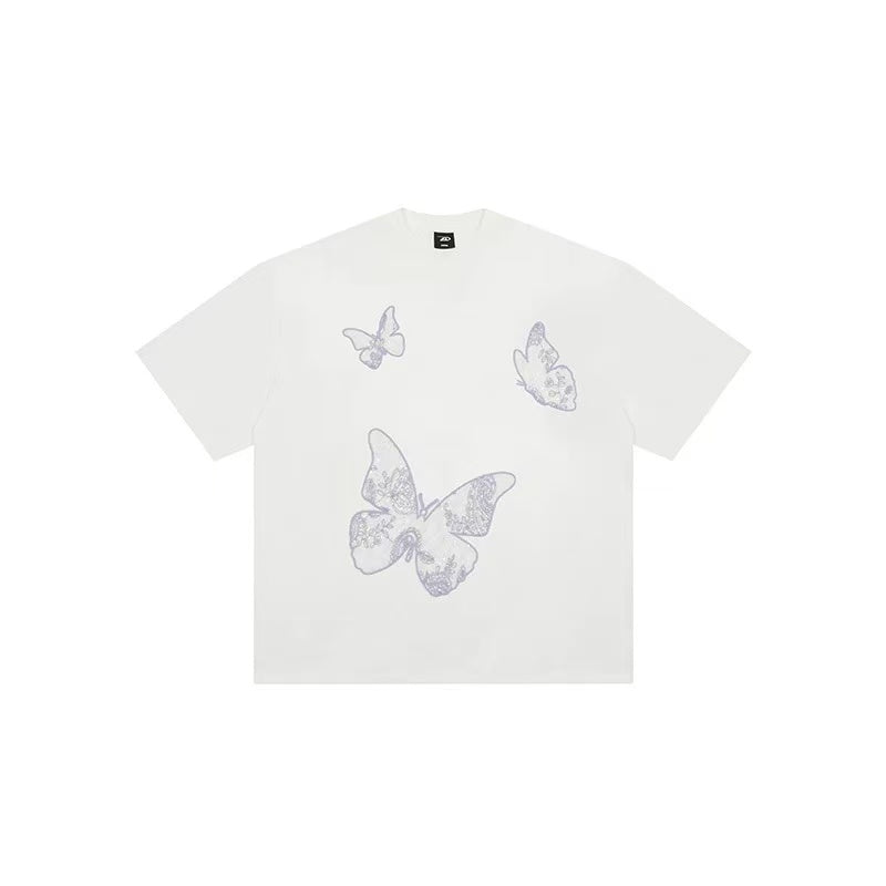ACHOCK Butterfly Embroidered Crew Neck Short Sleeves Tee