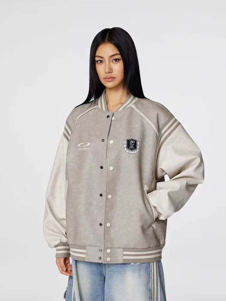 ACHOCK Logo Embroidered Retro Color Block Baseball Leather Jacket