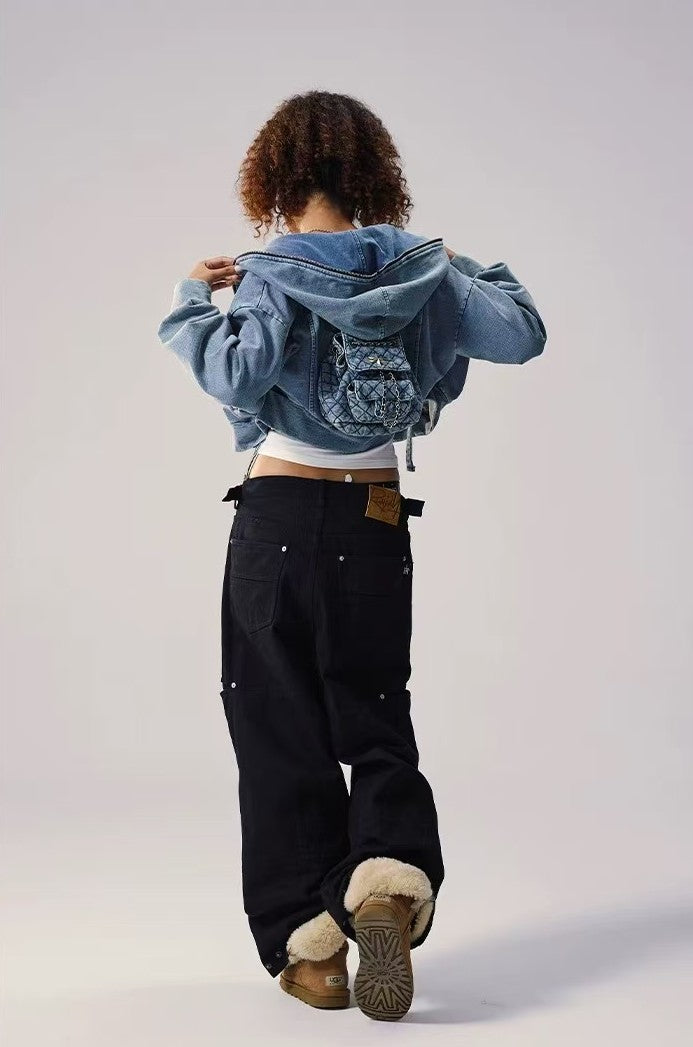REMEDY Retro Distressed Washed Denim Backpack Hooded Jacket (For Women)