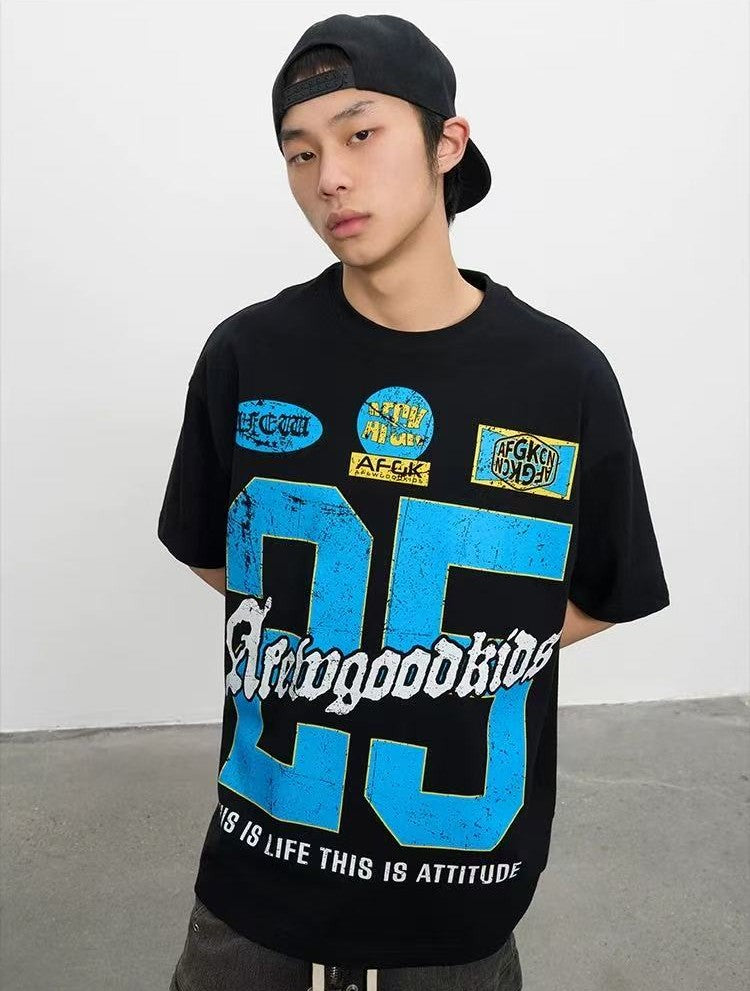 AFGK Retro Distressed Logo Print Short-sleeved T-shirt