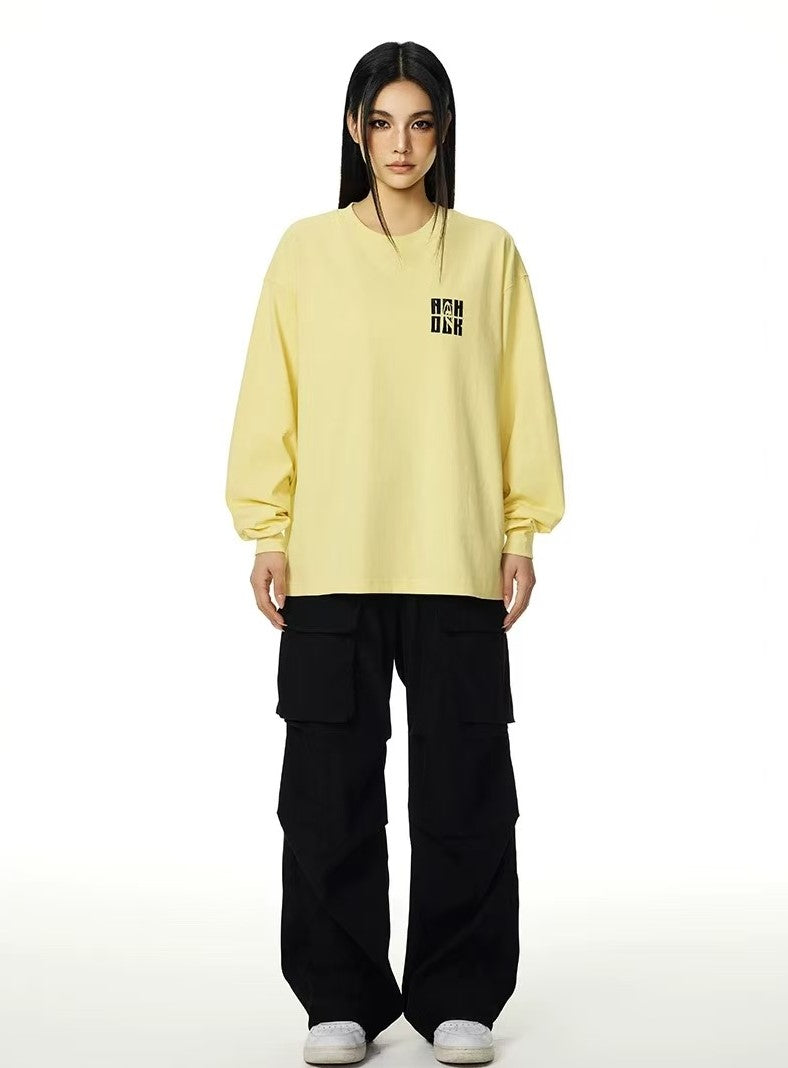 ACHOCK Basic Loose Logo Print Long-sleeved T-shirt