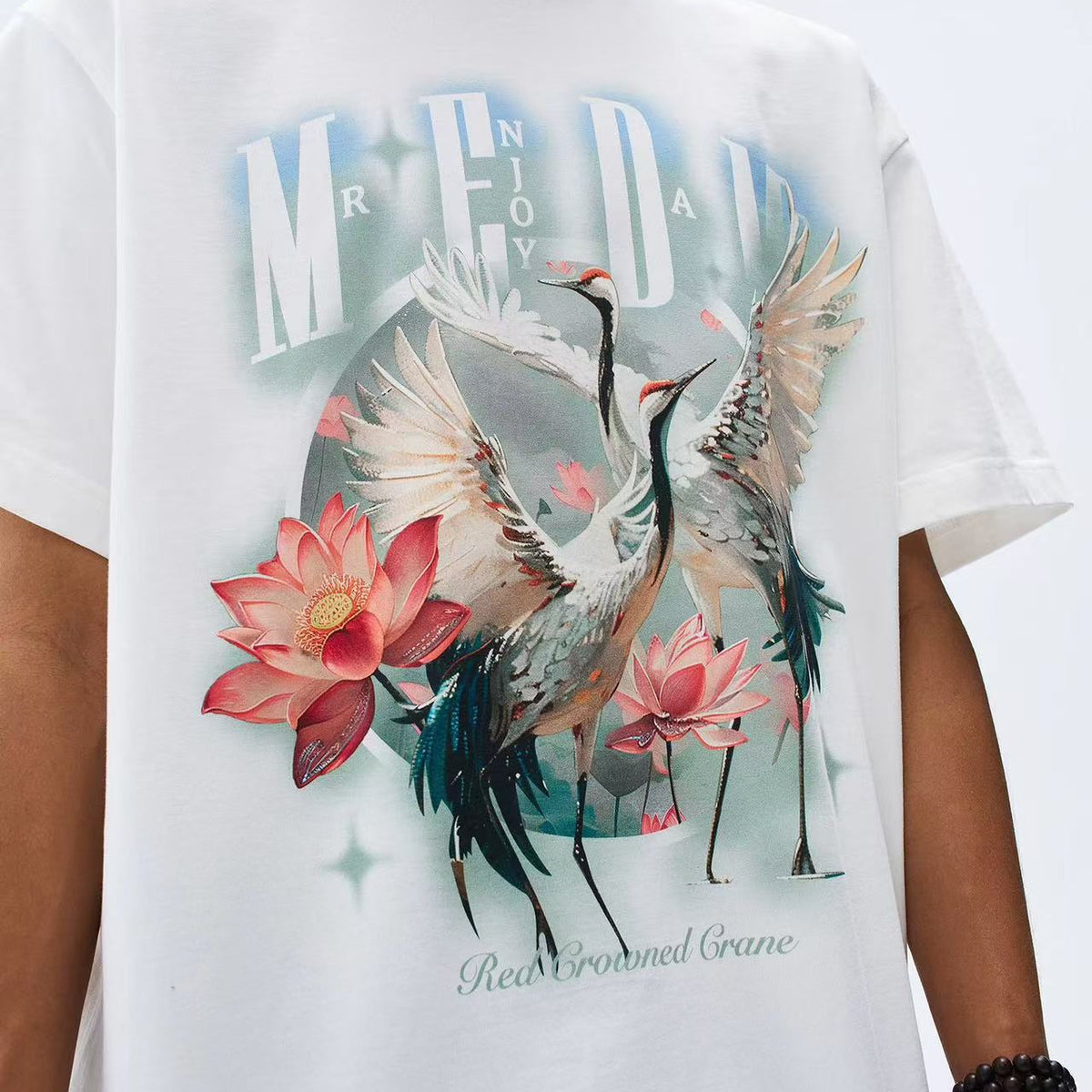 MEDM White Ink Crane Printed Short-sleeve T-shirt