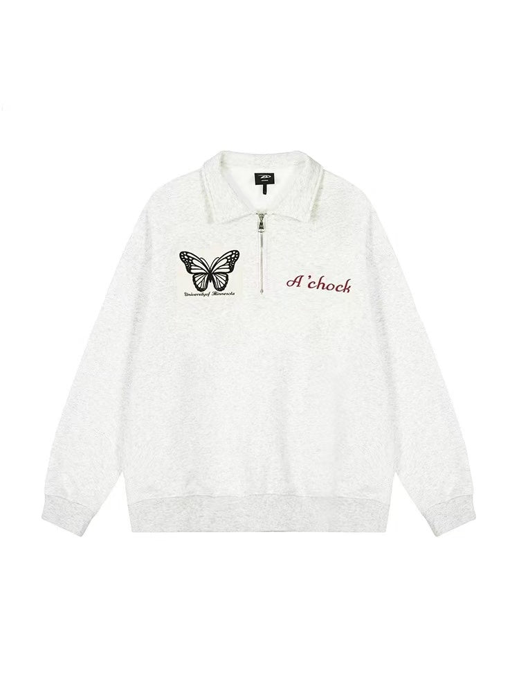 ACHOCK Butterfly Appliqué Polo Zipper Sweatshirt