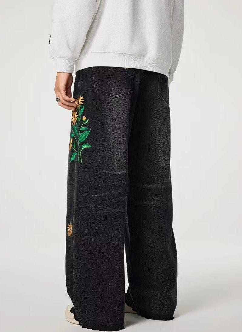 ACHOCK Heavy Wash Floral Embroidered Jeans