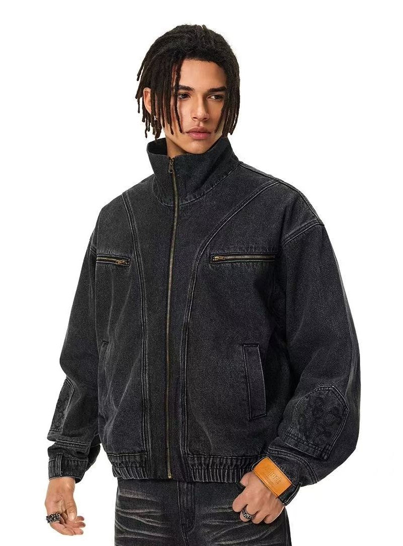 ACHOCK Street Wash Deconstructed Stand Collar Denim Jacket