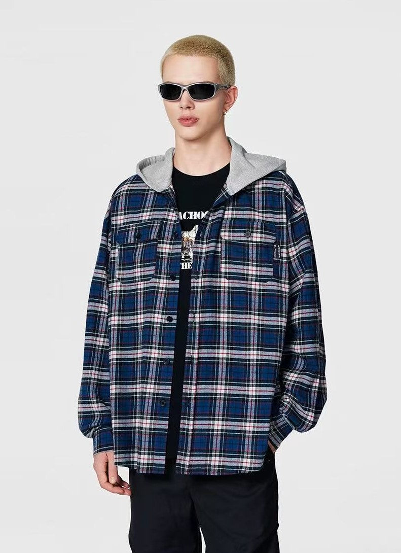 ACHOCK Contrast Blue Plaid Hooded Long-sleeve Shirt