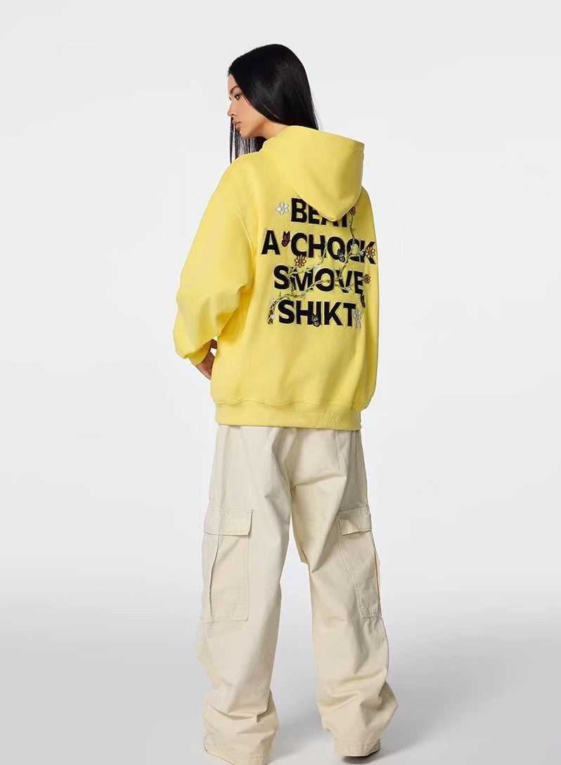 ACHOCK Floral Patch Embroidered Hooded Sweatshirt