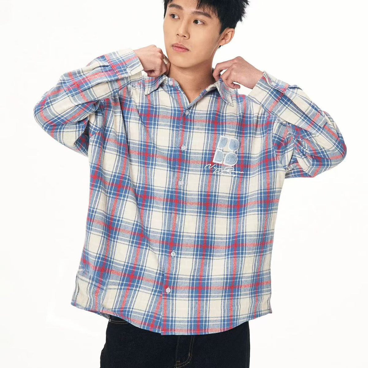 BIPOLAR Fleece patchwork Brushed Contrast plaid Tops
