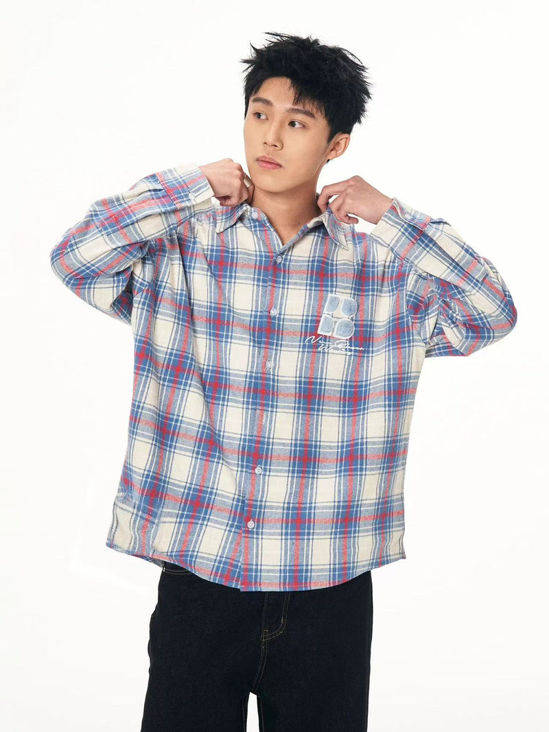 BIPOLAR Fleece patchwork Brushed Contrast plaid Tops