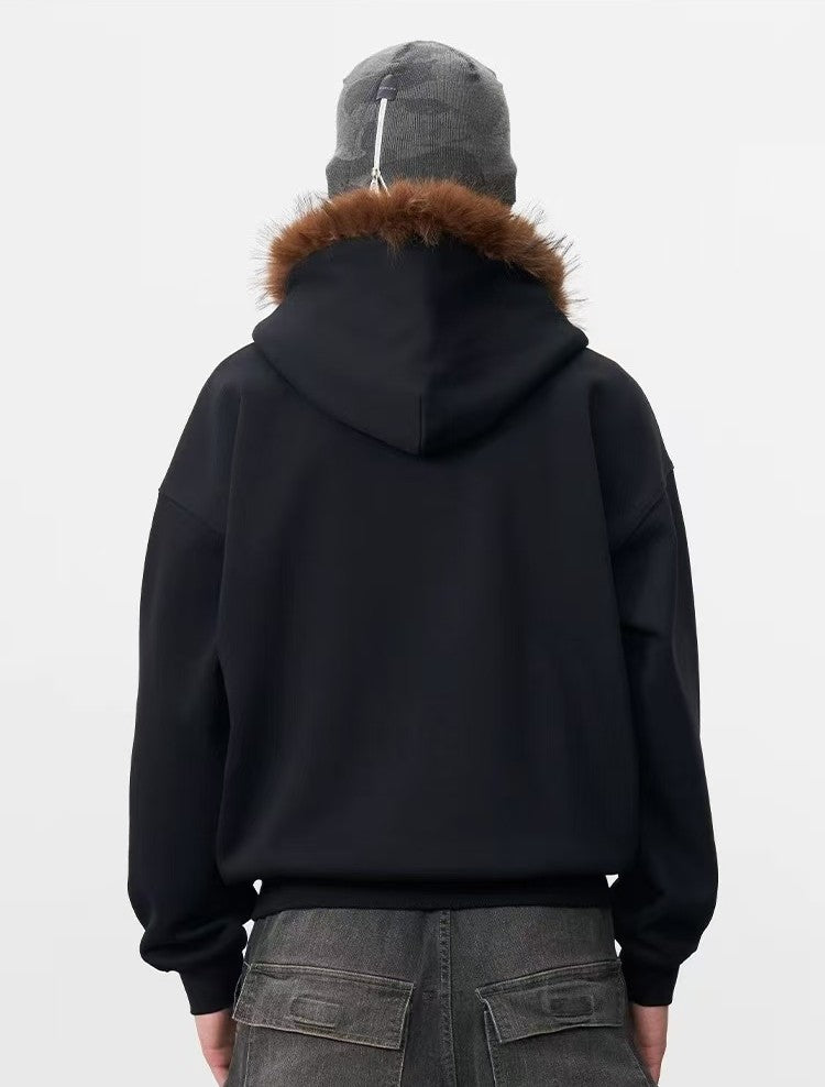 AFGK Retro Fur Collar Embroidered Hooded Cardigan Sweatshirt