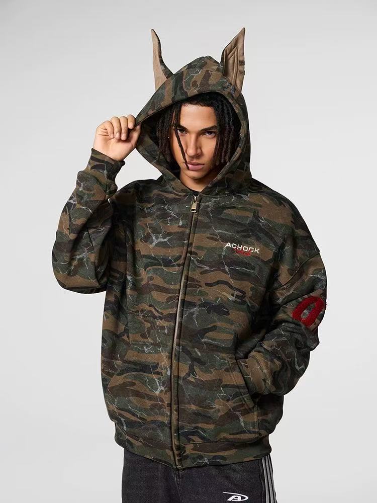 ACHOCK Camouflage Doberman Ear Hooded Fleece Cardigan Sweatshirt