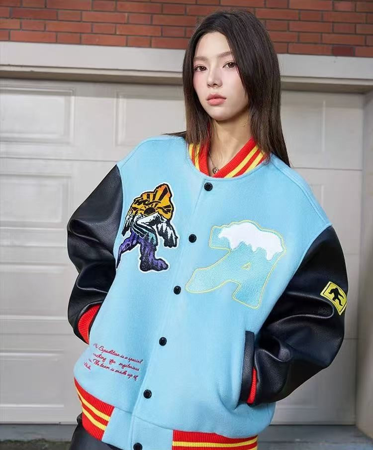 AFGK Snowy Terry Embroidered Contrasting Color Baseball Jacket