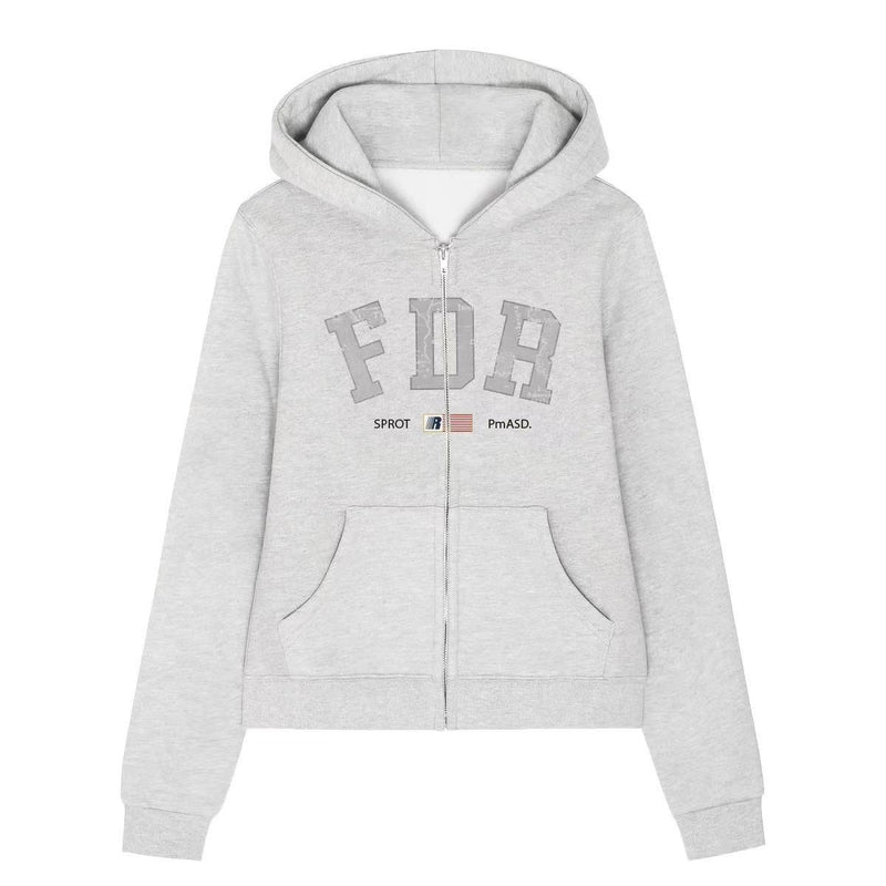 FDR Retro Logo Printed Zipper Hoodie (For Women)