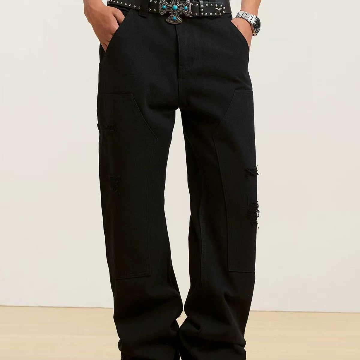 STK Washed Distressed Patchwork Jeans