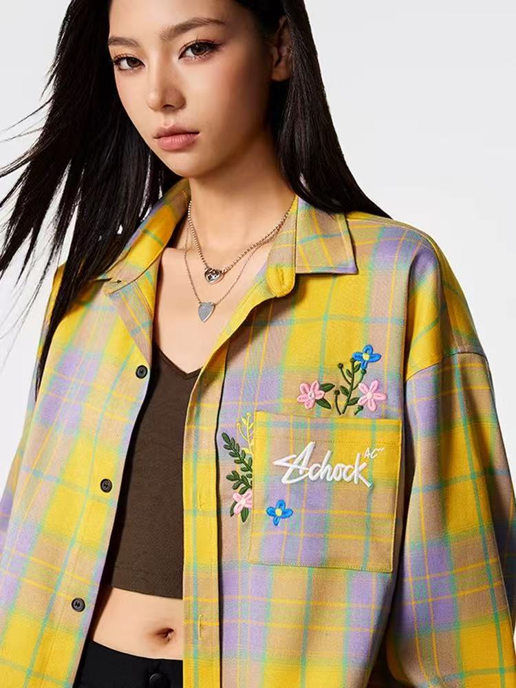 ACHOCK Vintage Floral Embroidered Plaid Long-sleeve Shirt