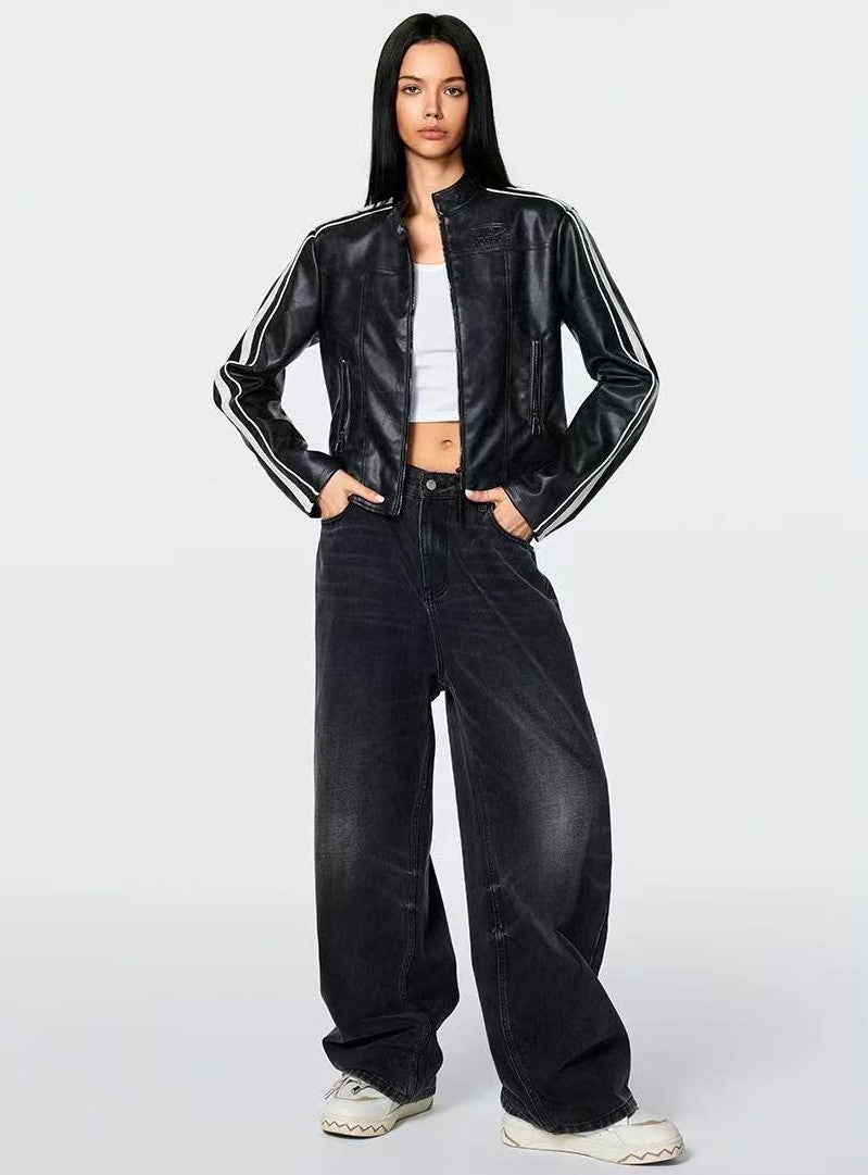 ACHOCK Leather Striped Motorcycle Jacket (For Women)