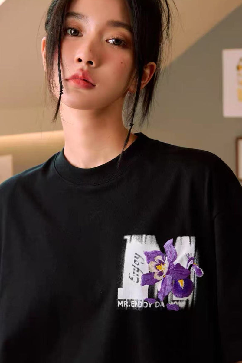 MEDM Mottled Logo Floral Embroidery Short-sleeved T-shirt