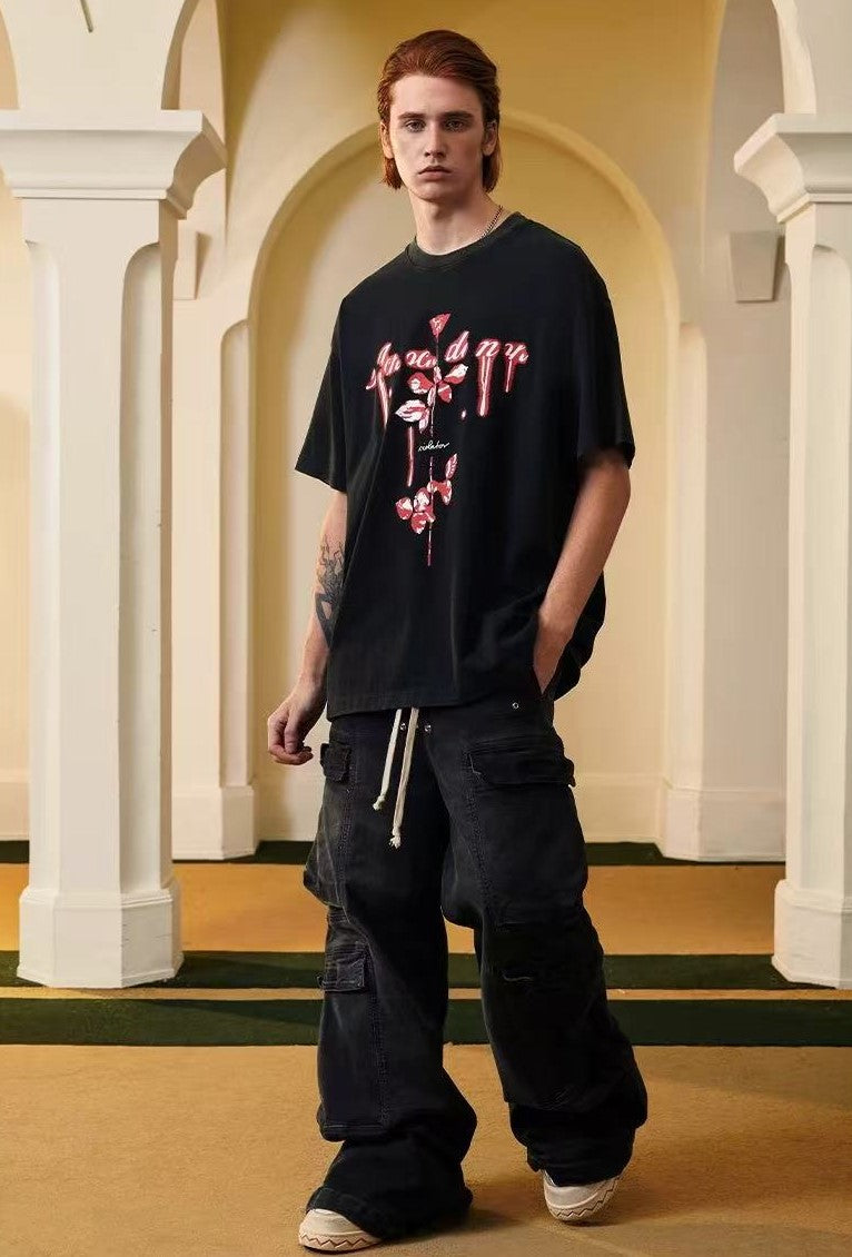 ACHOCK Washed Distressed 3D Luminous Printed T-shirt