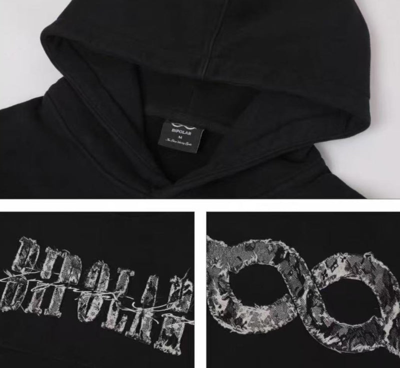 BIPOLAR Destroyed and Torn Creative Design Denim Patch Hoodie