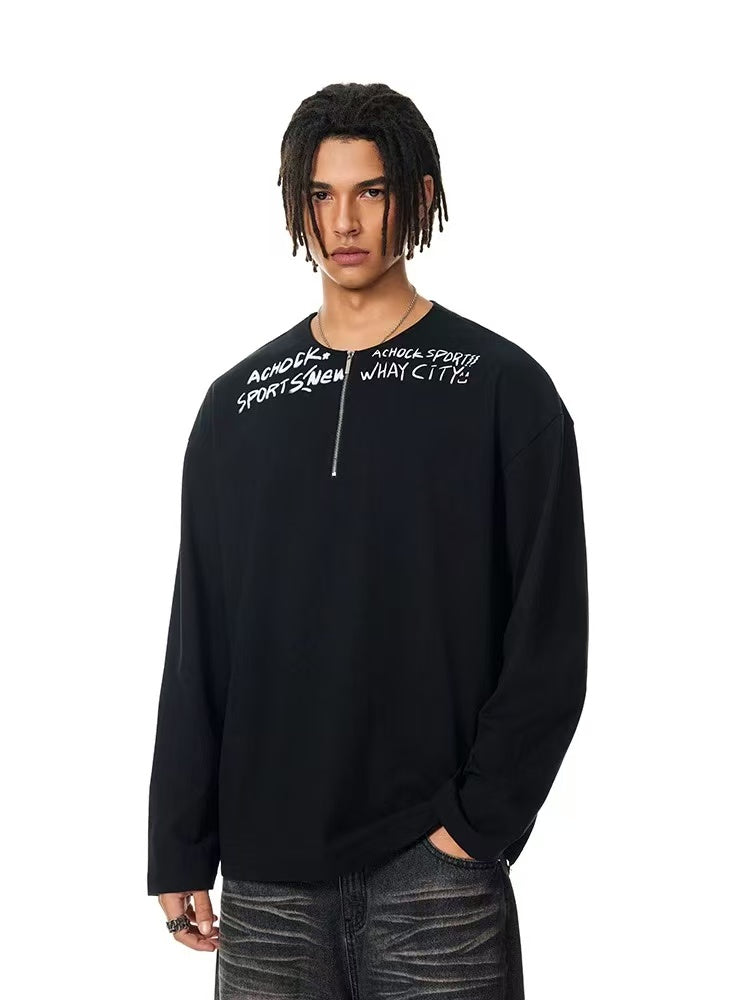 ACHOCK Henley Collar Monogram Half-zip Long-sleeved T-shirt