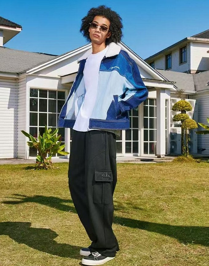 AFGK Spliced Fur Collar Denim Letter Embroidery Jacket