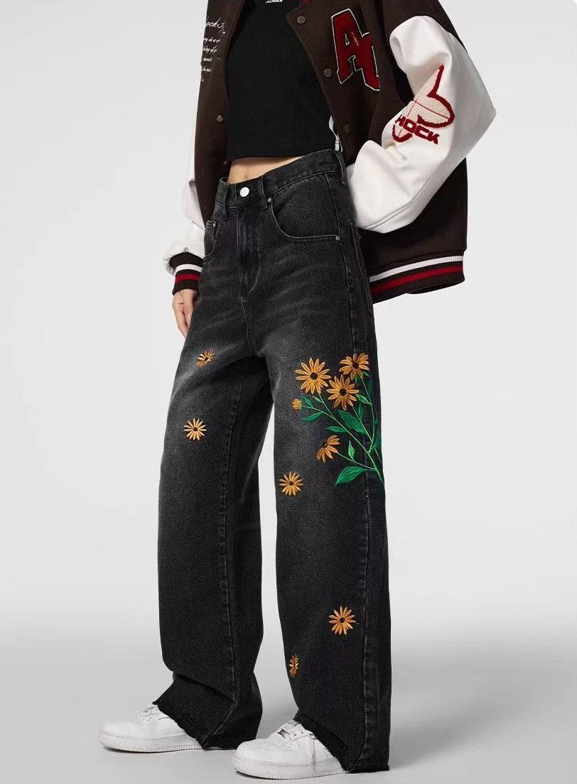 ACHOCK Washed Sun-Flower Embroidered Jeans