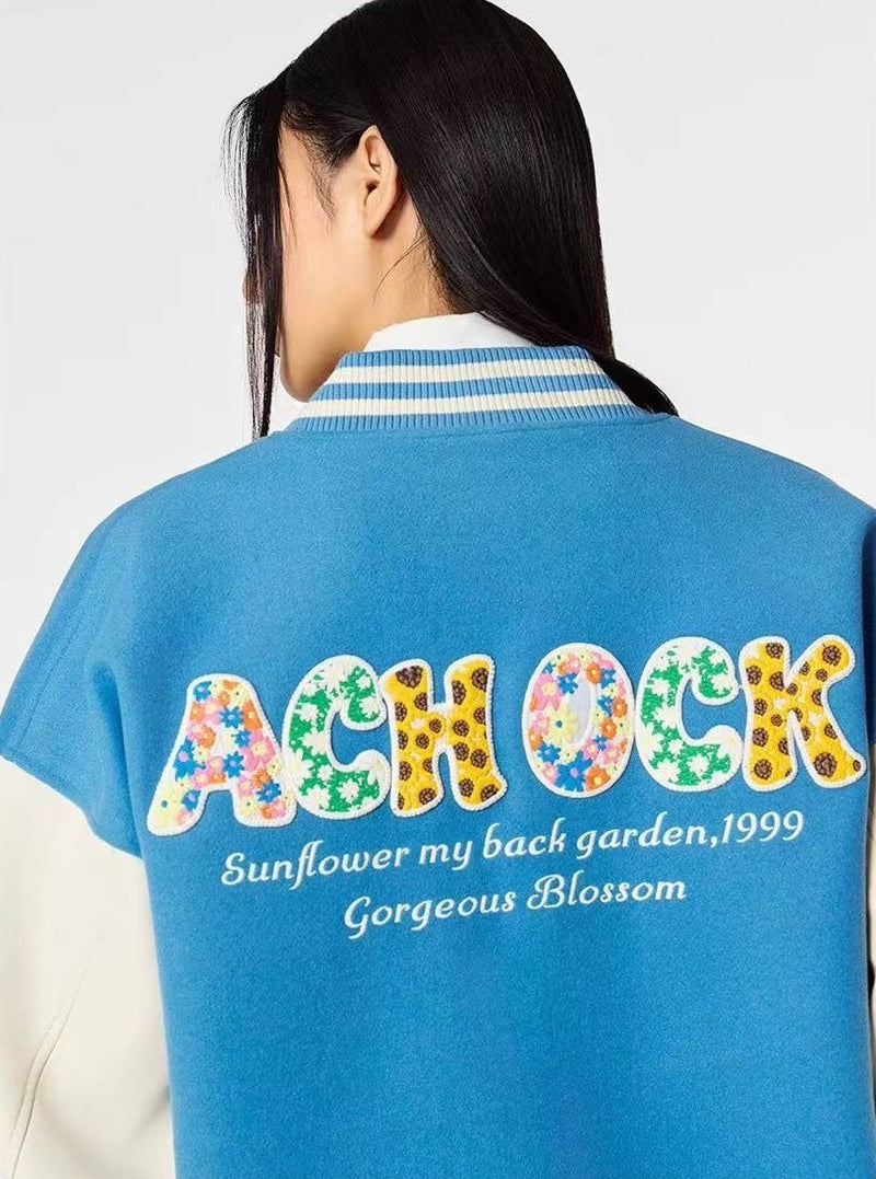 ACHOCK Hollow Floral  Embroidered Baseball Jacket