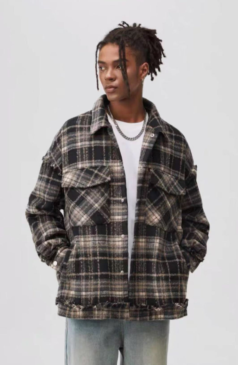 ATRY Washed Distressed Vintage Plaid Raw Edge Jacket