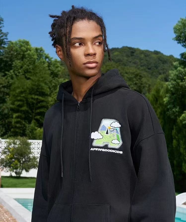 AFGK Hand-painted Lettering Embroidered Zipper Cardigan