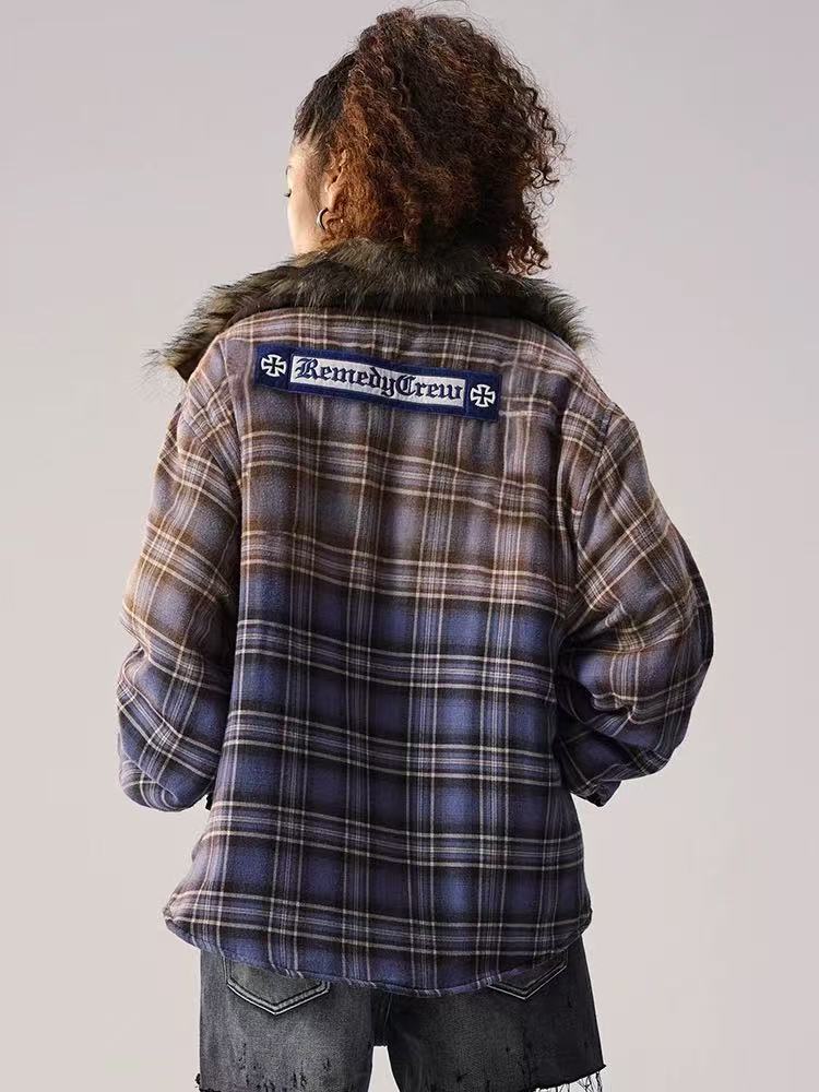 REMEDY Thickened Gradient Distressed Plaid Fur Collar Cotton Coat