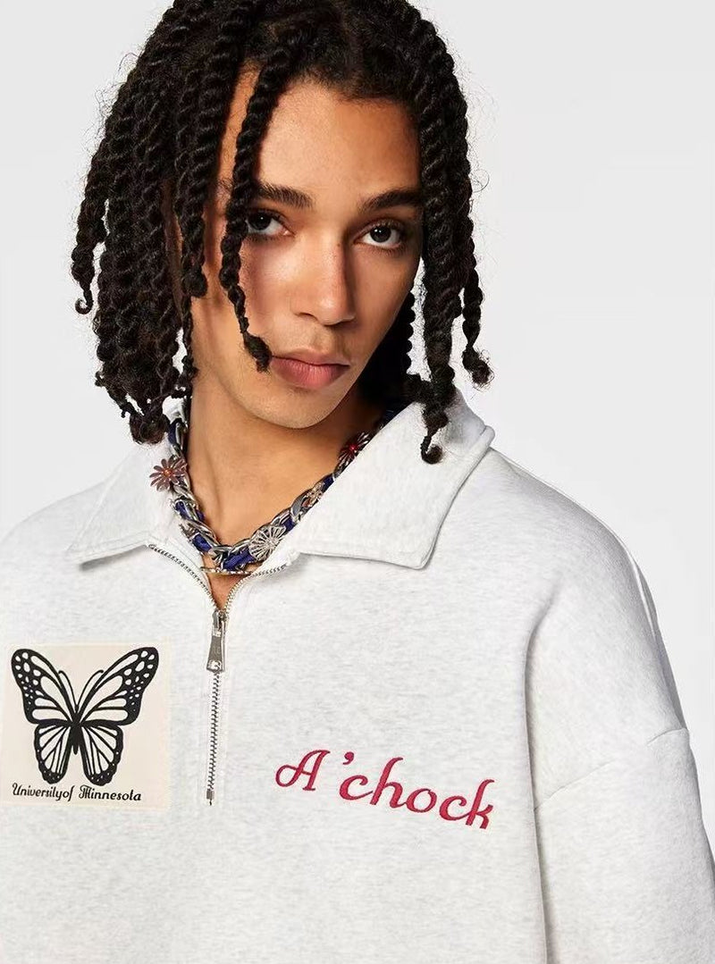 ACHOCK Heavy Butterfly Patch Embroidered Zipper Sweatshirt