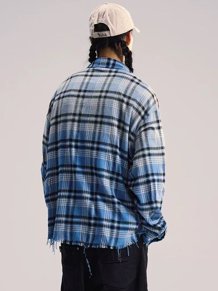 REMEDY Washed Gradient Long-sleeved Plaid Shirt