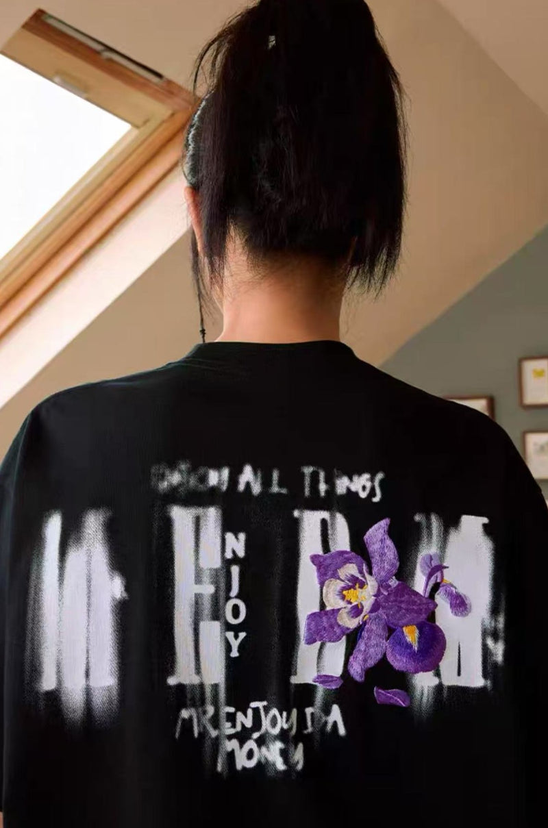 MEDM Mottled Logo Floral Embroidery Short-sleeved T-shirt